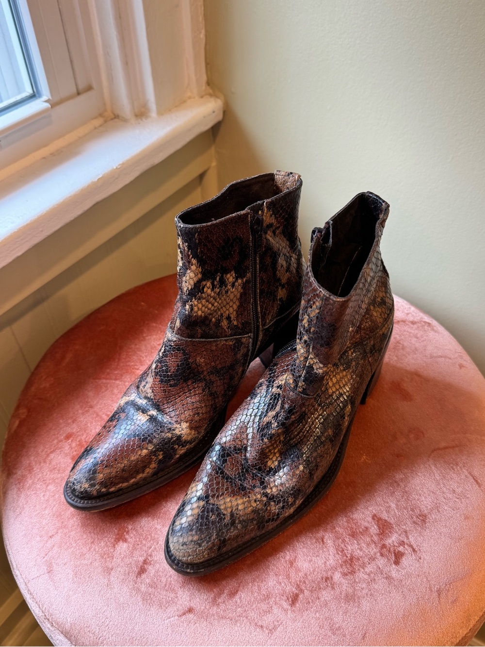 Women’s Brown Snakeskin Pattern Leather Ankle Boots